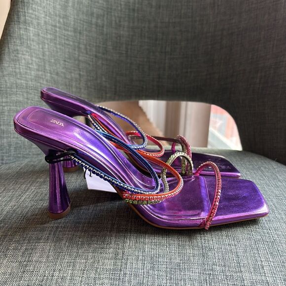 Zara Multicolor metallic purple Strappy women’s colorful Heels size us 8 NWT fun - Picture 1 of 16